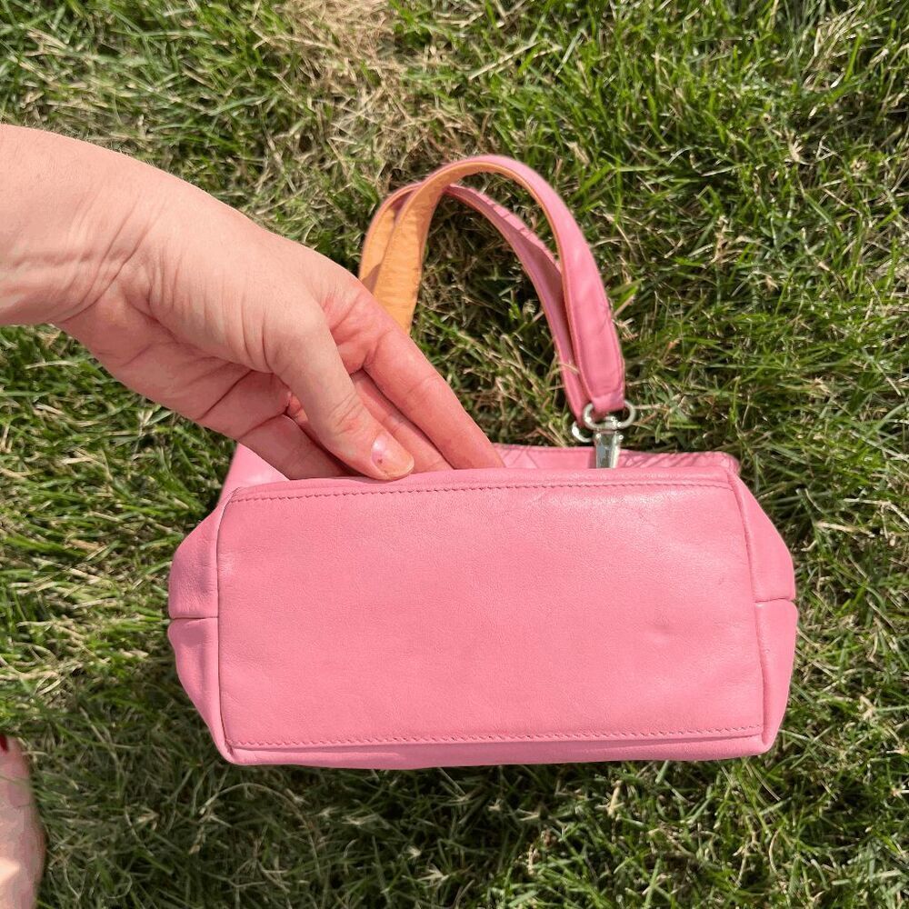 Talbots Y2K Pink Leather Tote Bag w/ Orange Handles Pastel Retro Shoulder Purse - Picture 6 of 7